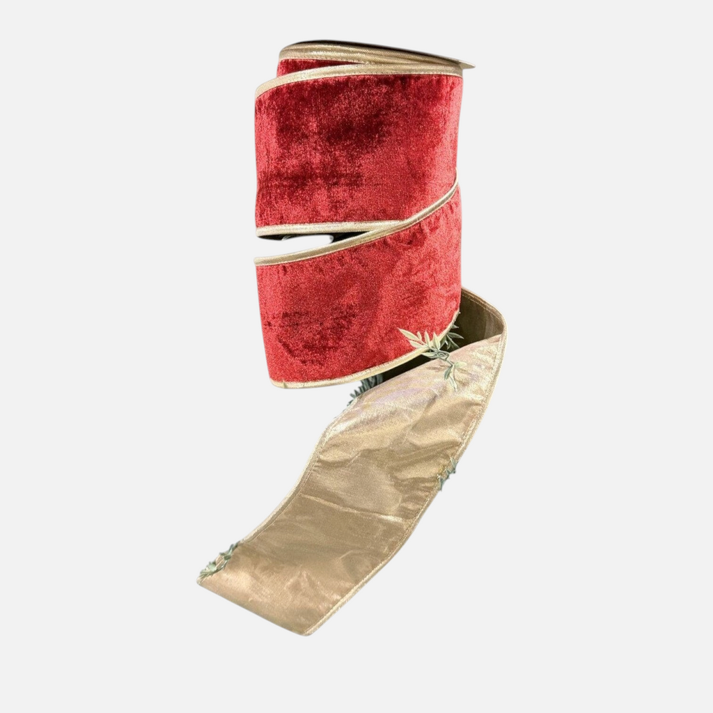 Citrine Home 4-inch wide red velvet ribbon featuring elegant gold dupion piping edges for holiday decor