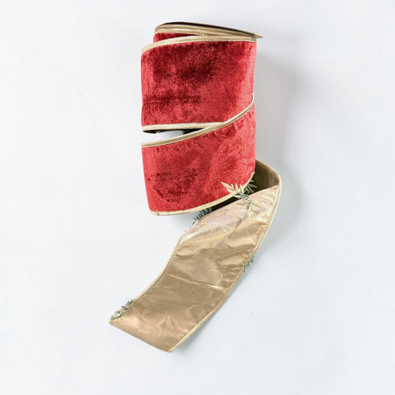Citrine Home 4-inch wide red velvet ribbon featuring elegant gold dupion piping edges for holiday decor
