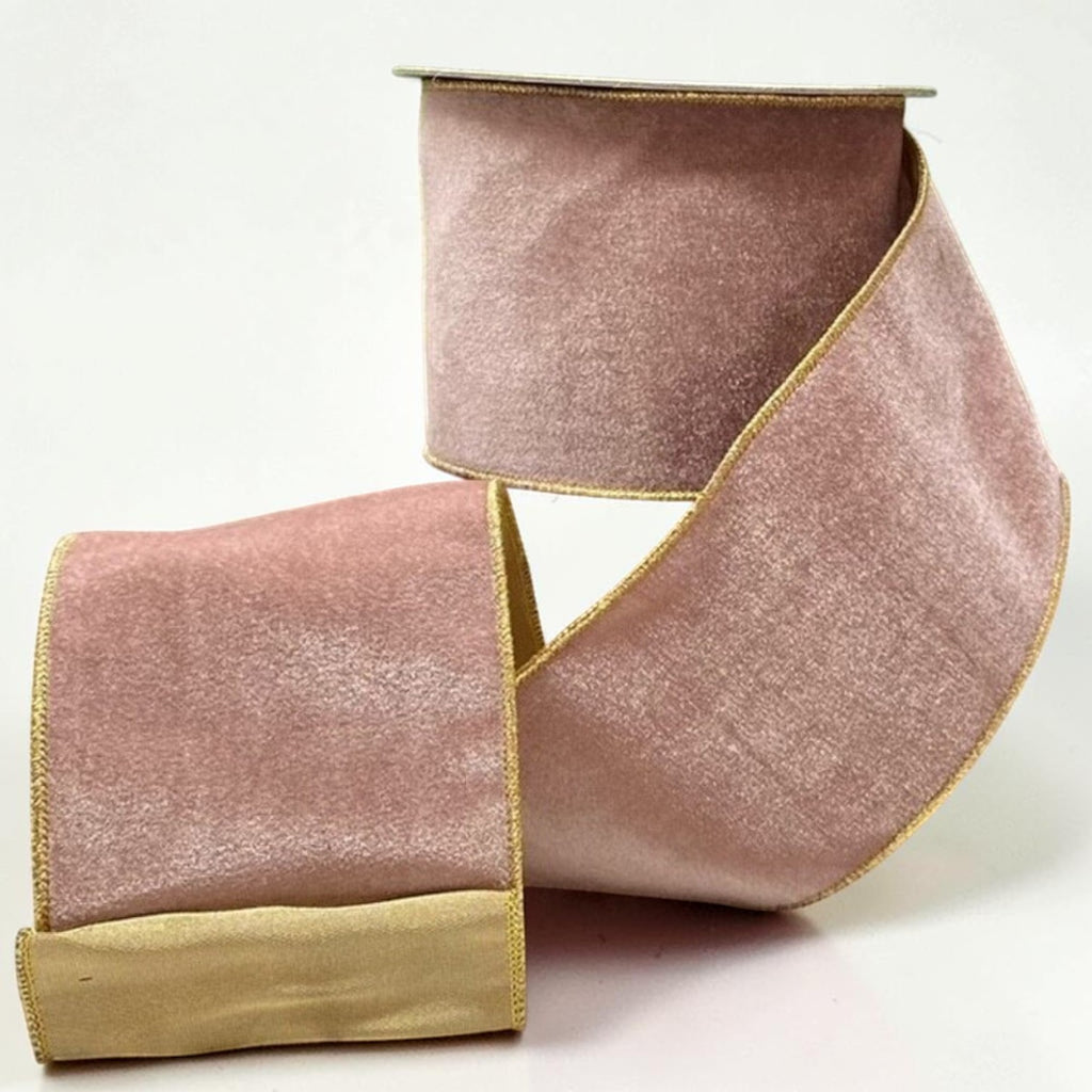 Citrine Home 4-inch wide dusty rose velvet ribbon with gold metallic edges for elegant gift wrapping and decor