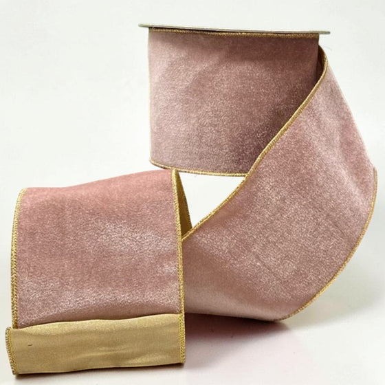 Citrine Home 4-inch wide dusty rose velvet ribbon with gold metallic edges for elegant gift wrapping and decor
