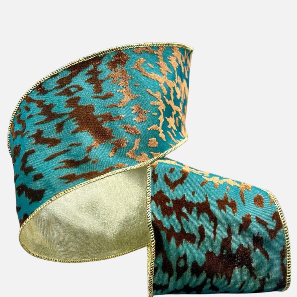 Citrine Home 4-inch wide dark teal and copper velvet ribbon with a metallic animal print pattern and gold edges.