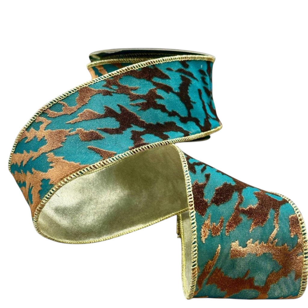 Citrine Home 2.5 inch dark teal and copper velvet ribbon with a metallic gold edge and abstract pattern