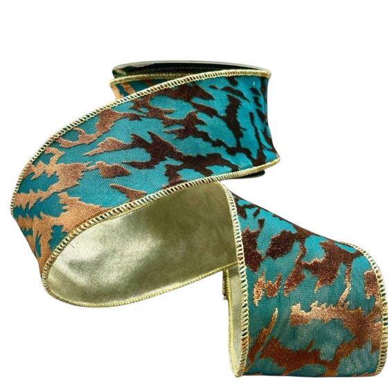 Citrine Home 2.5 inch dark teal and copper velvet ribbon with a metallic gold edge and abstract pattern
