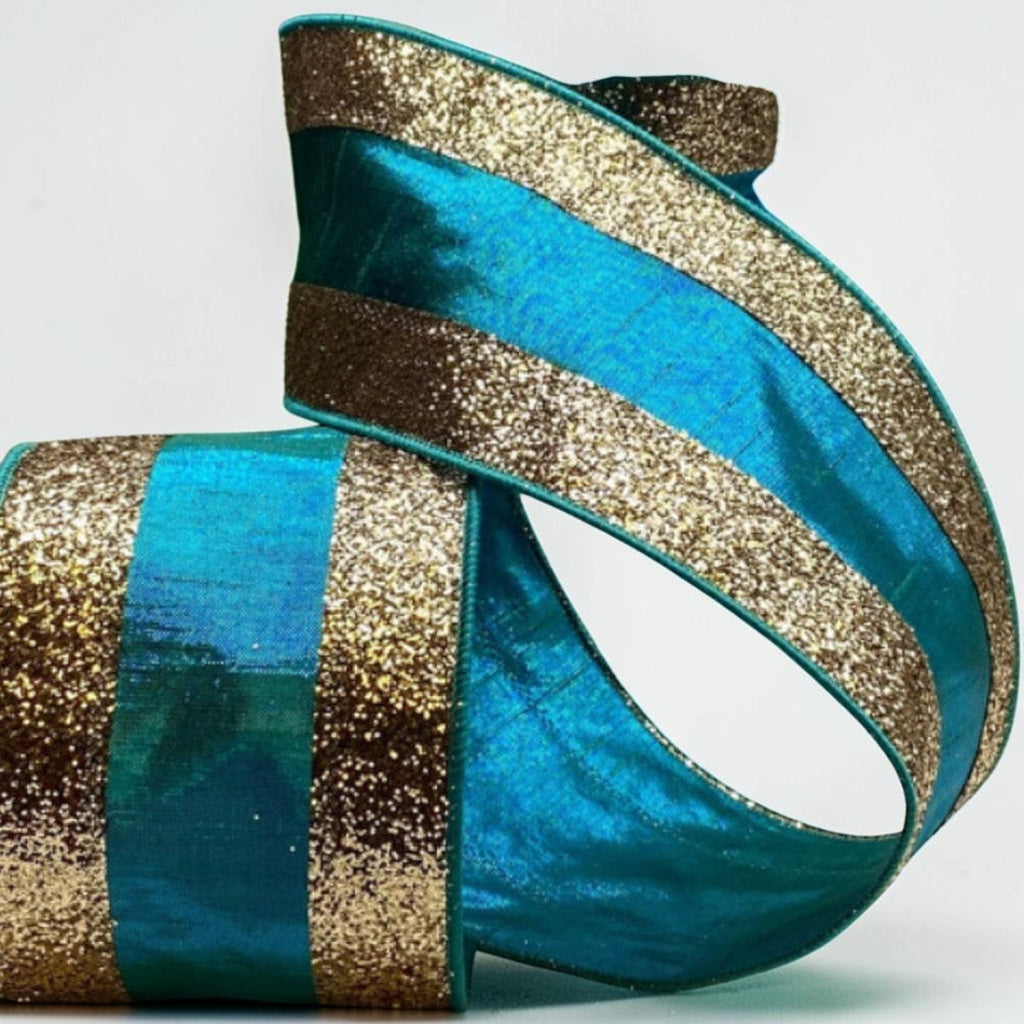Citrine Home 4-inch teal dupion ribbon featuring shimmering gold glitter stripes for holiday and craft decor