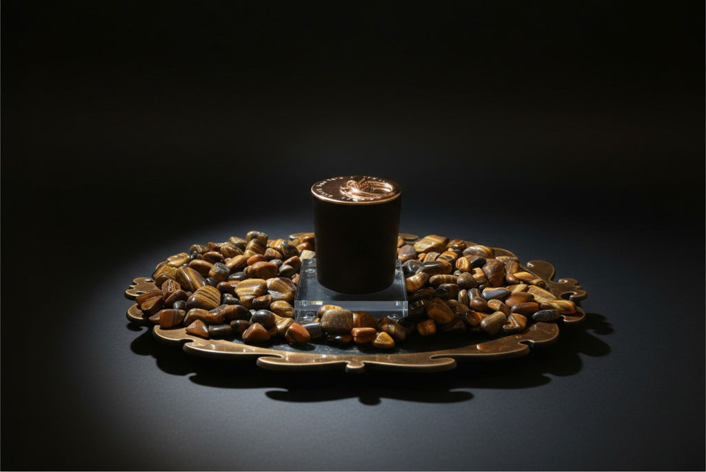 Citrine Home Tiger's Eye candle in a black vessel surrounded by polished tiger's eye stones on a decorative bronze tray