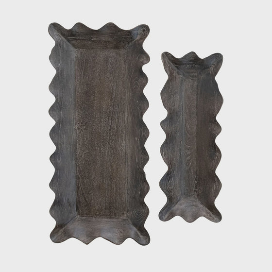 Mango Wood Scalloped Tray, Large-Black