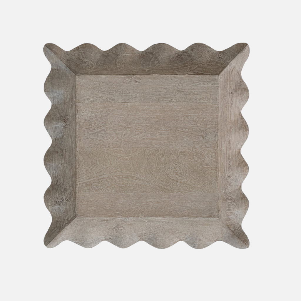 Citrine Home square whitewashed mango wood tray with decorative scalloped edges for modern farmhouse decor