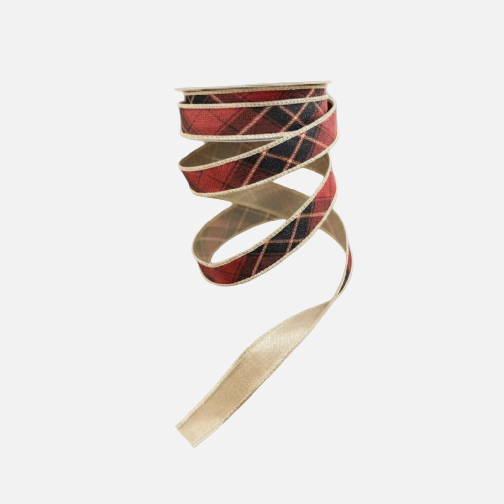 Citrine Home burgundy plaid ribbon with a cream edge, 1 inch wide, perfect for holiday gift wrapping and decor.