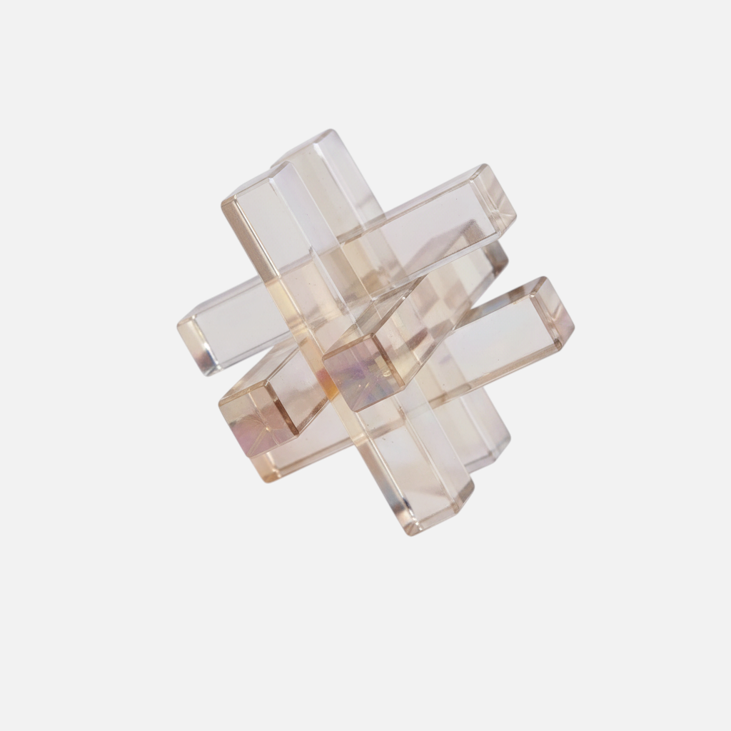Citrine Home light amber crystal glass interlocking bookend with a geometric sculptural design