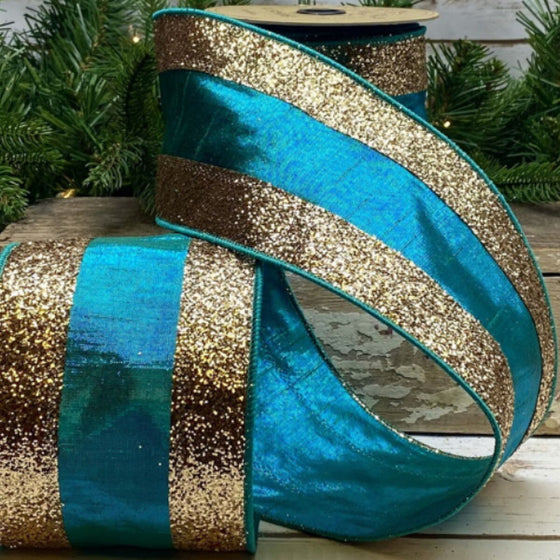 Teal Dupion with Gold Center & Glitter Edge, 4"