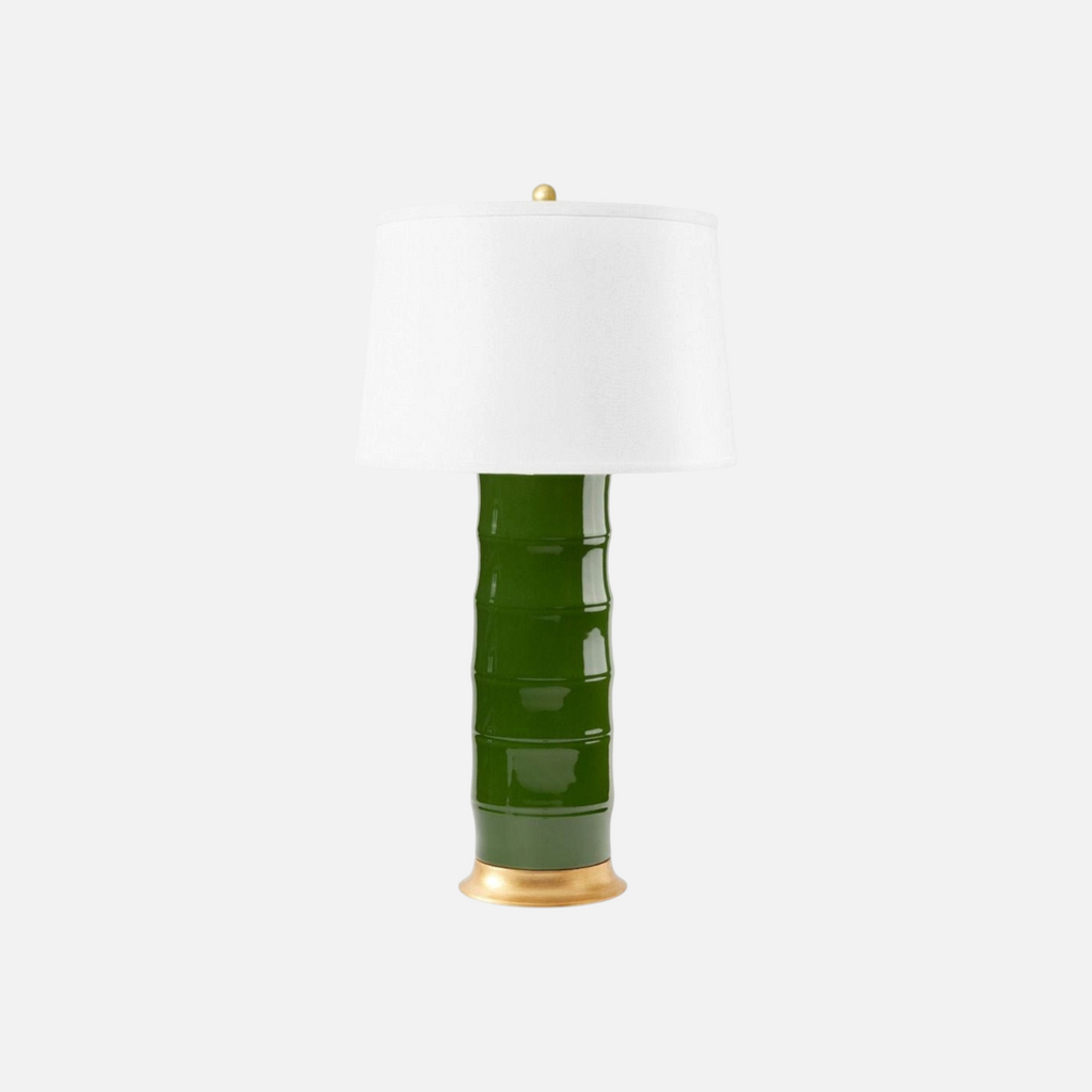 Citrine Home Saigon green ceramic lamp with a bamboo-inspired base, gold accents, and a white drum shade.