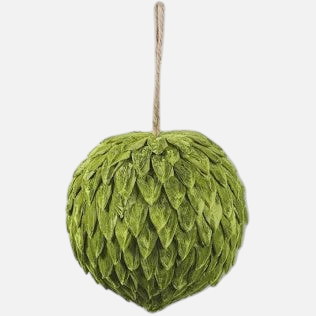 Citrine Home 7-inch green petal ornament with a textured layered leaf design and a rustic jute hanging string.